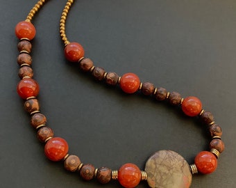 Ancient Alien Style Amulet Necklace Coin Stone Pendant Picasso Marble Fire Agate and Dzi Bead Specular Hematite Natural Stone Necklace
