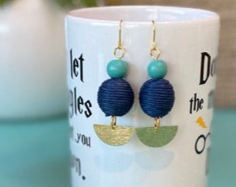 Navy, Teal & Gold Beaded Geometric Statement Earrings