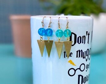 Teal/Blue Faceted Glass & Gold Triangle Geometric Drop Earrings