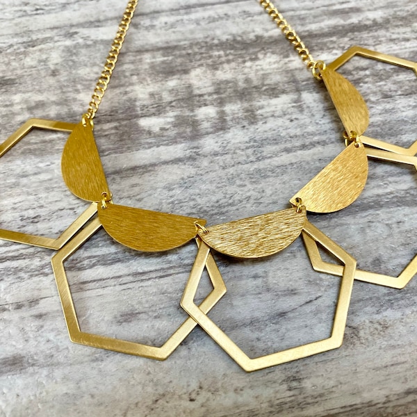 Gold Geometric Collar Bib Necklace, Raw Brass Hexagon and Half Moon Statement Necklace