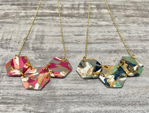 Small Triple Hexagon Faux Stone Geometric Polymer Clay Statement