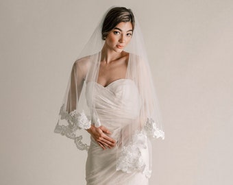 Cora Veil - Fingertip Length Lace Drop Veil, Lace Circle Veil, Lace Wedding Veil, Lace Bridal Veil, Lace Veil with Blusher, 3008