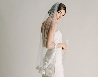 Ellen Veil - Fingertip Length Lace Veil, Beaded Organza Floral Lace Trim, Wedding Veil, Bridal Veil, 3001