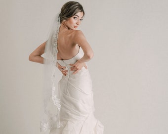 Kaia Veil - Lace Veil, Sequin and Beaded Lace, Organza Lace, Fingertip Length Wedding Veil, Lace Bridal Veil, 3046