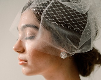 Iris Veil - Birdcage Veil with Diamond Netting and Bridal Illusion Tulle Design, Added Rhinestones, Wedding Veil, Chic Bride, 3028