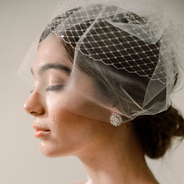 Iris Veil - Birdcage Veil with Diamond Netting and Bridal Illusion Tulle Design, Added Rhinestones, Wedding Veil, Chic Bride, 3028