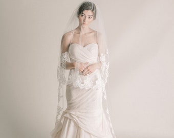 Kathie Veil - Two Tier Classic Wedding Veil with Chantilly Lace Edge, Lace Wedding Veil with Blusher, Lace Bridal Veil, 3017