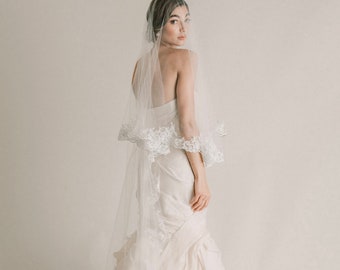 Adrienne Veil - Drop Veil with Beaded Lace Edge, Lace Bridal Veil, Lace Wedding Veil,  3034