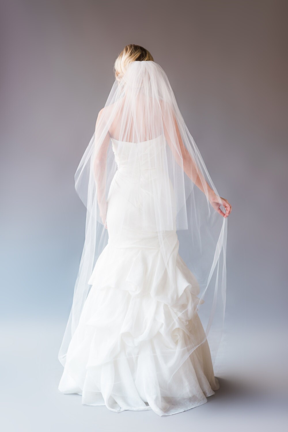 Caitlyn - two layer chapel length drop veil with a cut edge and extra long  blusher