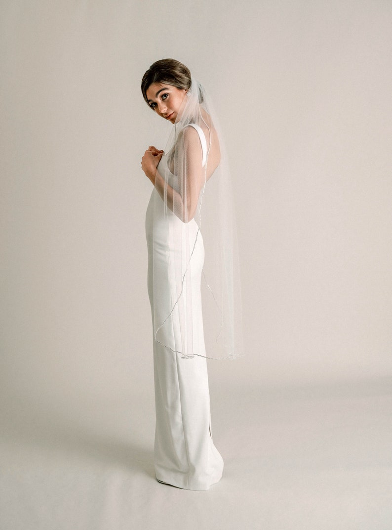 3021 Short Wedding Veil Fingertip Veil with Rhinestone Edge Glam Wedding Veil Naomi Veil Clear Rhinestone Trim