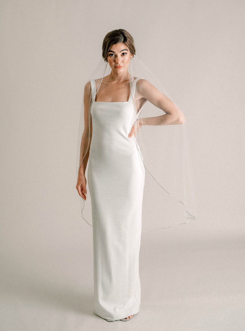 3021 Short Wedding Veil Fingertip Veil with Rhinestone Edge Glam Wedding Veil Naomi Veil Clear Rhinestone Trim
