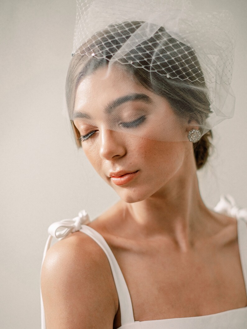 Iris Veil Birdcage Veil with Diamond Netting and Bridal Illusion Tulle Design, Added Rhinestones, Wedding Veil, Chic Bride, 3028 image 4