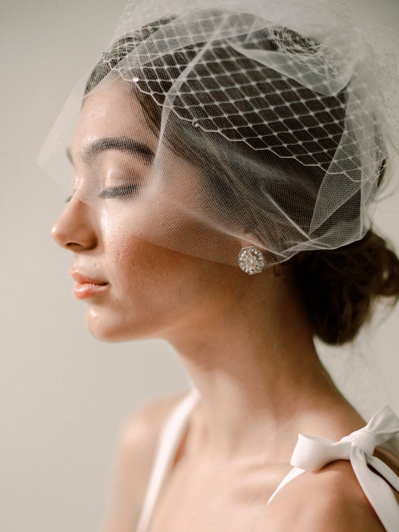 Iris Veil Birdcage Veil with Diamond Netting and Bridal Illusion Tulle Design, Added Rhinestones, Wedding Veil, Chic Bride, 3028 image 1