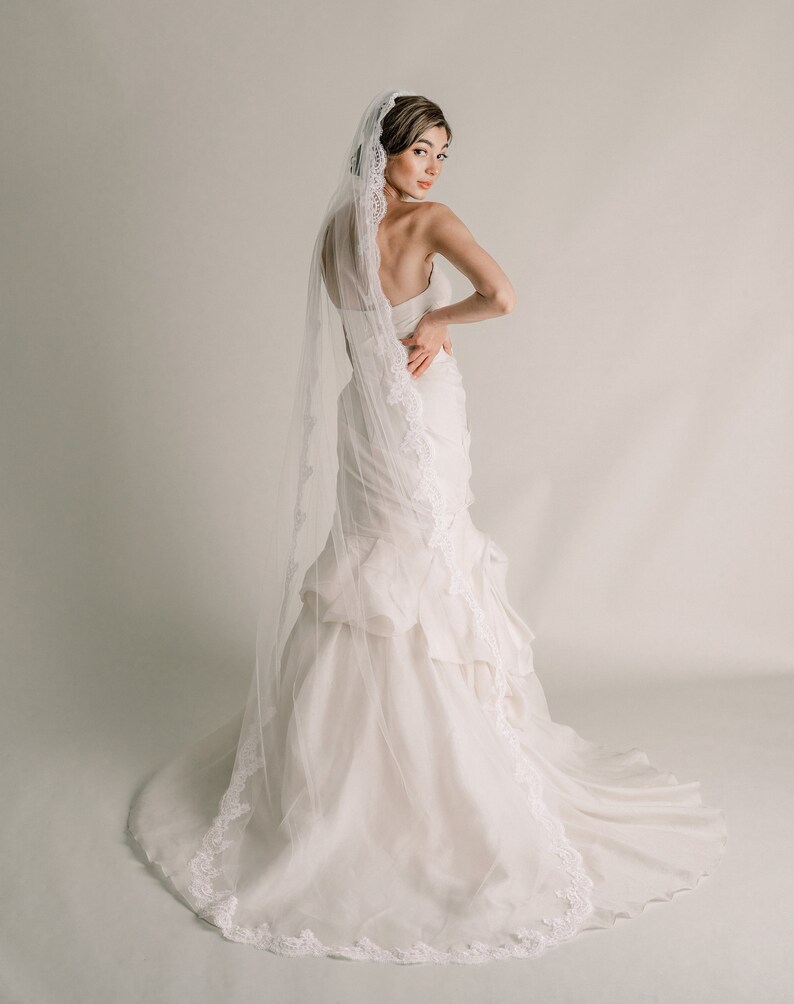 Maggie Veil - Single Tier Lace Veil, Lace Bridal Veil, Long Wedding Veil, Alencon Lace, Floral Lace Veil, Soft Veil, Ivory Lace Veil