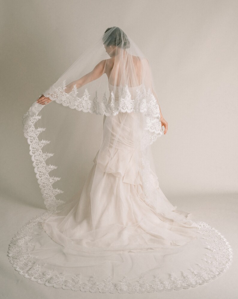 Diana Veil Regal Cathedral Length Drop Veil with Floral Lace | Etsy
