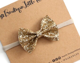 Glitter Bow Alligator Clip, Gold Glitter Bow Newborn Baby Headband, Toddler Headband, Wedding Girl Headband