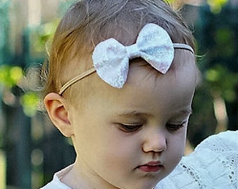 White Glitter Bow Baby Headband 'Alecia' White Glitter Girl Headband Wedding Silver White Baby Headband Alligator Clip Australia