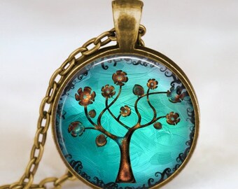 Tree Of Life Image Antique Bronze Necklace Teal Aqua Turquoise Glass Picture Necklace Australia