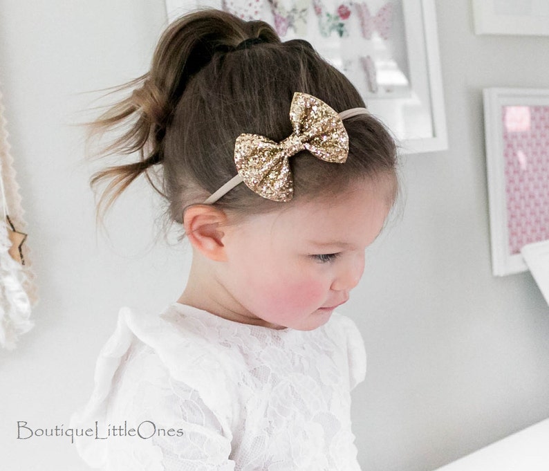 Glitter Bow Alligator Clip, Gold Glitter Bow Newborn Baby Headband, Toddler Headband, Wedding Girl Headband image 7