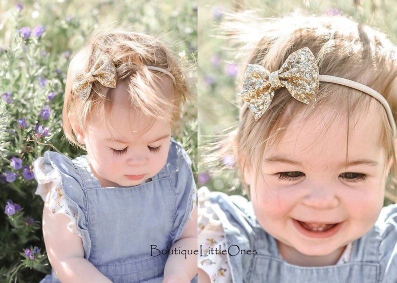 Glitter Bow Alligator Clip, Gold Glitter Bow Newborn Baby Headband, Toddler Headband, Wedding Girl Headband image 2