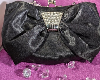 Black Satin Rhinestone Evening Bag Clutch Purse Handbag Pouch