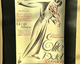 May include: A vintage poster advertising the Elite Hotel in Zurich, Switzerland. The poster features a black and white illustration of a violinist playing a violin. The text on the poster reads "Cafe Restaurant Elite Hotel Zurich" and "Schweizer Plakatkalender 1985".