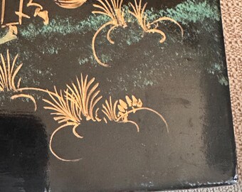 Vintage Asian Vietnamese Wood Black Lacquer Art Painting Village