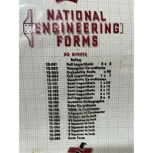 May include: A white sheet of paper with a black grid pattern and a list of 20 different engineering forms. The forms are numbered and labeled with their type, such as "Ruling", "Full Logarithmic", "Semi-Logarithmic", and "Data Form".