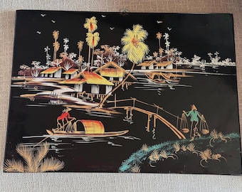 3 Piece Vietnamese Wood Black Lacquer Daily Life Fishing Village