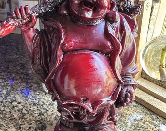 Red Laughing Buddha Statue – Feng Shui Prosperity Figurine, Happy Buddha Sculpture, Asian Decor, Wealth Luck Ornament, Resin Home Decor