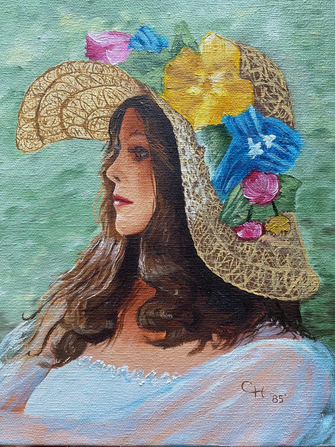 Vintage Hand Painted Picture Portrait Woman With Hat Flowers Signed CH ...