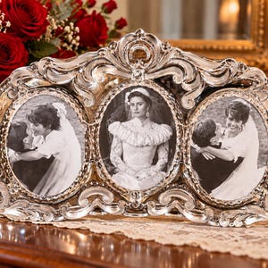 May include: A silver-toned metal triple picture frame featuring an ornate, scrolling border design. The frame holds three oval-shaped black and white photographs, each depicting a person in a wedding dress, arranged horizontally in a single unit.