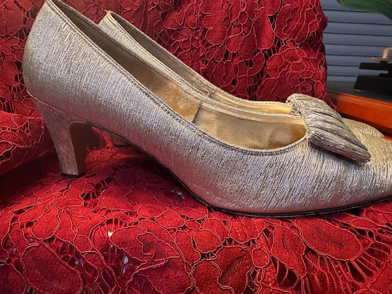 Vintage 1950s 1960s Carol Brent Silver Lame Dress Shoes Size Low
