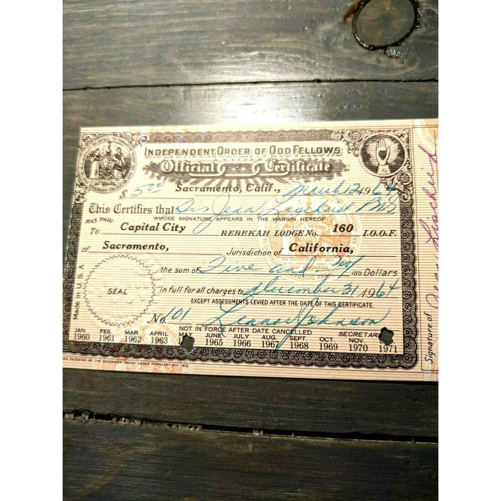 Independent Order of Odd Fellows Official Certificate