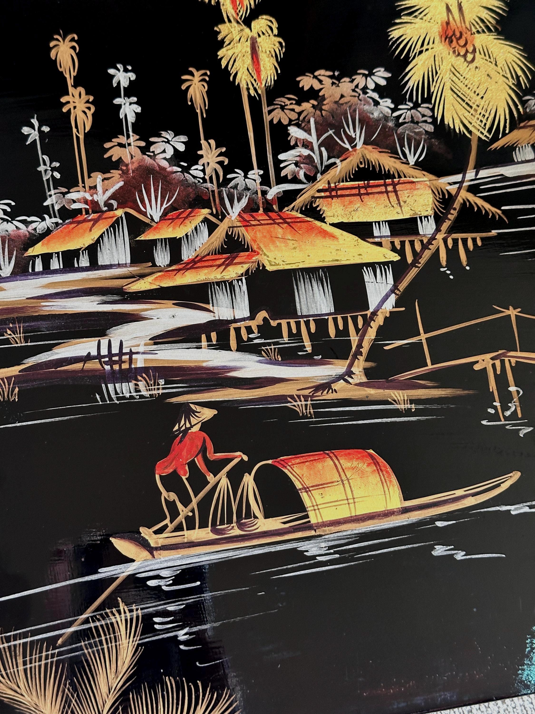Vintage Asian Vietnamese Wood Black Lacquer Art Painting Village