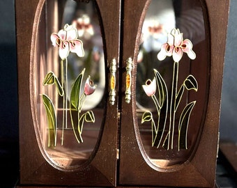 Vintage Wood Glass Jewelry Box Flowers Armoire Storage Cabinet 10"