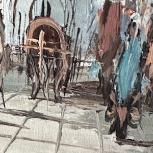May include: Impressionistic oil painting depicting a street scene with figures and architectural elements. The artwork features a palette of muted blues, browns, and whites, with visible brushstrokes. A cart with a circular wheel is in the foreground.