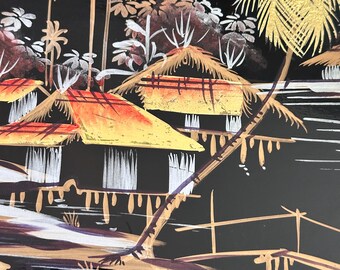 Vintage Asian Vietnamese Wood Black Lacquer Art Painting Village
