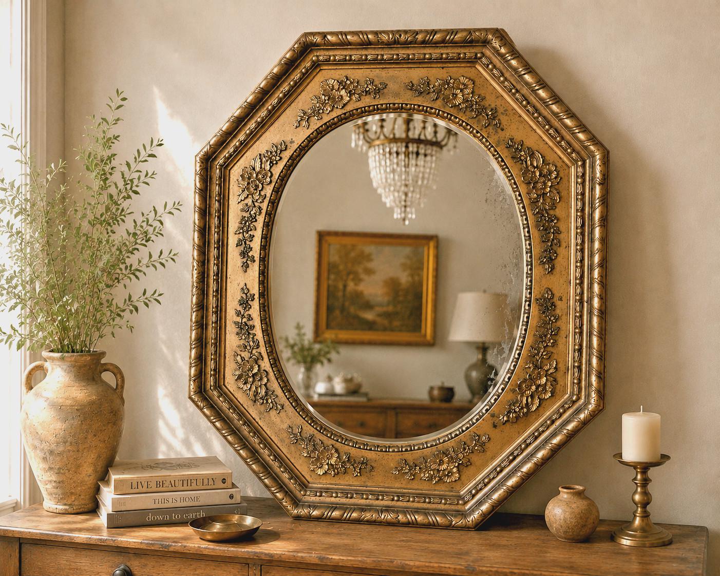 Vintage Ornate Octagonal Wall Mirror 32” X 26” Gold Tone Floral