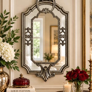 May include: A rectangular wall mirror with a metallic silver frame featuring ornate scrollwork and decorative carvings at the top and bottom. The mirror has a central rectangular glass panel surrounded by a secondary frame with intricate detailing.