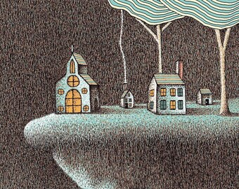 Blue Night Scene - Pen and Ink Drawing Illustration Print