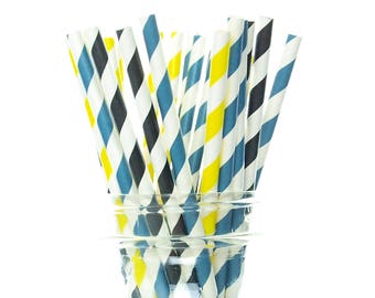 Police Party Supplies, Cop Paper Straws (25 Pack) - Policeman Themed Birthday Party Decorations, Police Party Stripe Straws