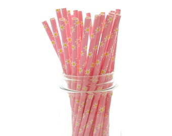 Pink Flower Straws, Summer Wedding Straws, Paper Drinking Straws, 25 Pack - Pink Daisy Straws