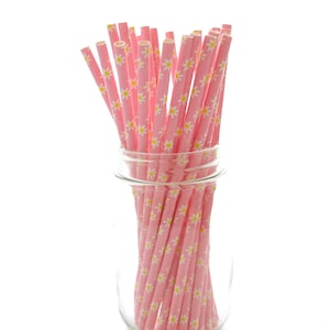 Pink Flower Straws, Summer Wedding Straws, Paper Drinking Straws, 25 Pack - Pink Daisy Straws