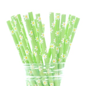 Green Daisy Straws (25 pack) - Floral Straws, Green Straws with Daisies, Garden Wedding Favor Straws, Spring Straws