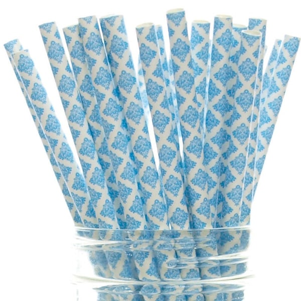 Blue Damask Floral Straws (25 Pack) - Retro Vintage Paper Drinking Straws