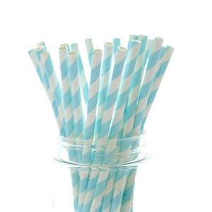 Light Blue Striped Straws, Vintage Party Straws, Barbershop Stripe Straws, 25 Pack - Light Blue Stripe Straws