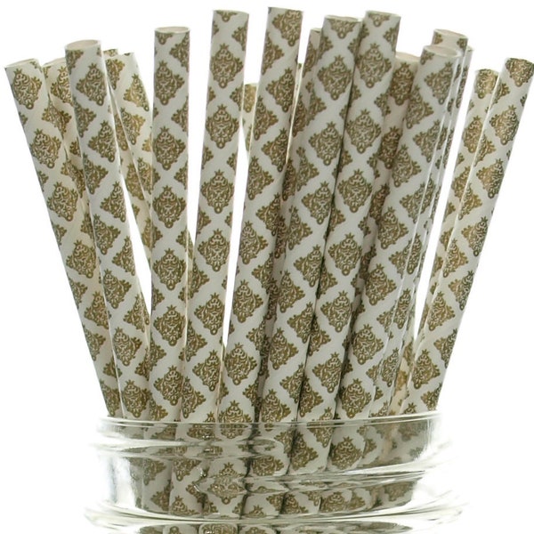 Gold Floral Damask Straws (25 Pack) - Formal Paper Drinking Straws, Vintage Straws