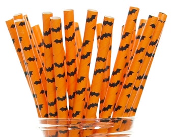 Halloween Bat Straws (25 pack) - Orange & Black Straws, Party Novelty Straws, Halloween Drink Stirrers, Spooky Straw Set
