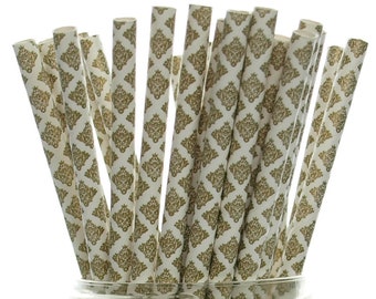 Gold Floral Damask Straws (25 Pack) - Formal Paper Drinking Straws, Vintage Straws